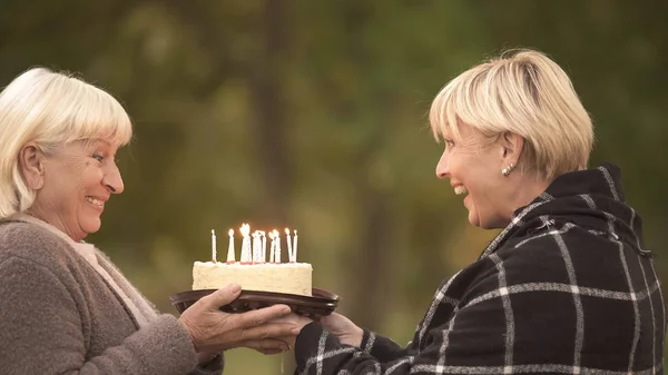 Divertente Scherzo Della Torta Felice Donna Anziana Congratulandosi Con Amica — Foto Stock