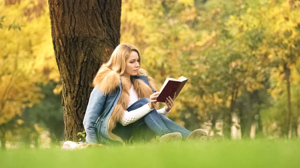 Vacker Kvinna Läsa Intressant Bok Sitter Träd Fritidsaktiviteter — Stockfoto