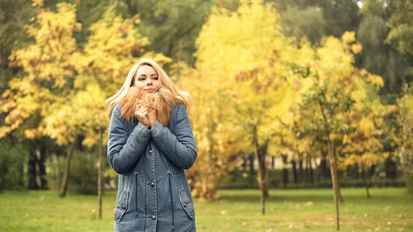 Femeie Înghețată Care Așteaptă Prieten Parcul Toamnă Întârziere Întâlnire Anticipare — Fotografie, imagine de stoc