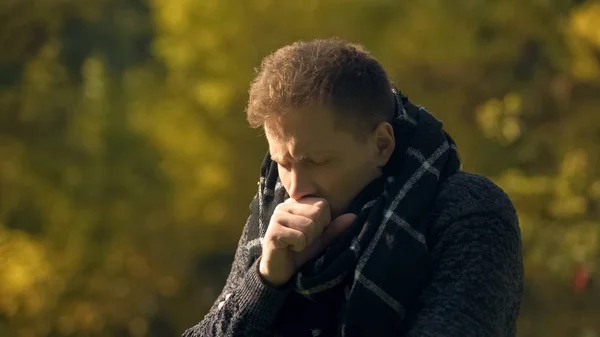 Sick Male Scarf Coughing Park Caught Cold Pneumonia Risk Infection — Stock Photo, Image