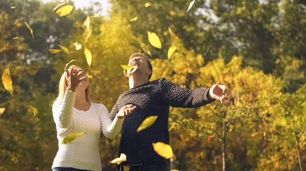 Cuplu Vesel Care Aruncă Frunze Toamnă Distrează Petrec Timp Împreună — Fotografie, imagine de stoc