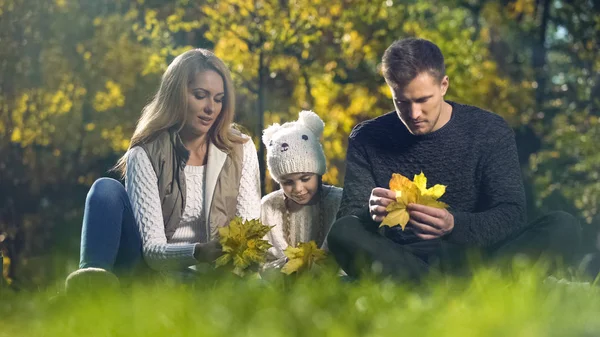 Rodinné Hraní Podzim Žluté Listy Krásném Parku Tráví Společně Čas — Stock fotografie