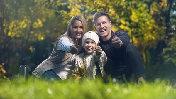 Familia Sonriendo Mostrando Los Pulgares Hacia Arriba Picnic Parque Otoño —  Fotos de Stock