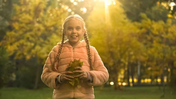 Veselá Dívka Žluté Listy Při Pohledu Fotoaparát Dětinské Náladu Podzimní — Stock fotografie