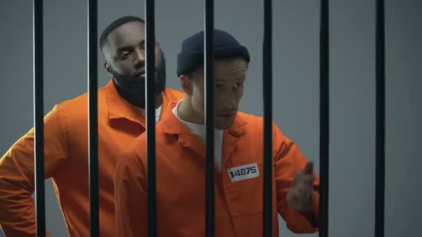 Zwarte en Kaukasische gedetineerde gevangenen ruzie met buren, overbevolking — Stockvideo