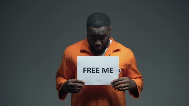 Afrikaans-Amerikaanse gevangene Holding Free me Sign in Cell, onschuldig vragen om hulp — Stockvideo