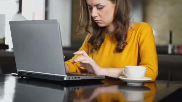 Γυναίκα ελεύθερος επαγγελματίας χρησιμοποιώντας φορητό υπολογιστή για την εργασία σε έργο σε συνεργασία χώρο — Αρχείο Βίντεο