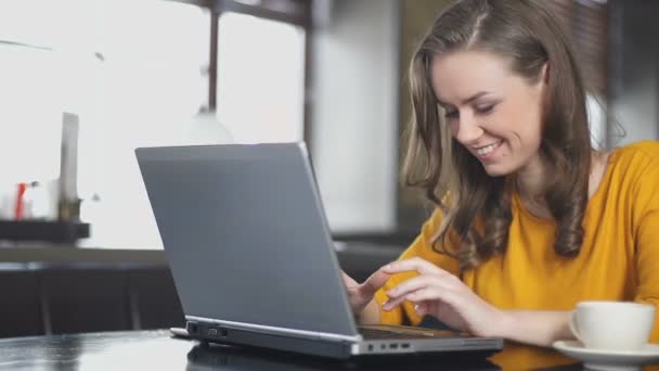 Улыбающаяся женщина чатится на ноутбуке в кафе, используя сайт знакомств для знакомств — стоковое видео