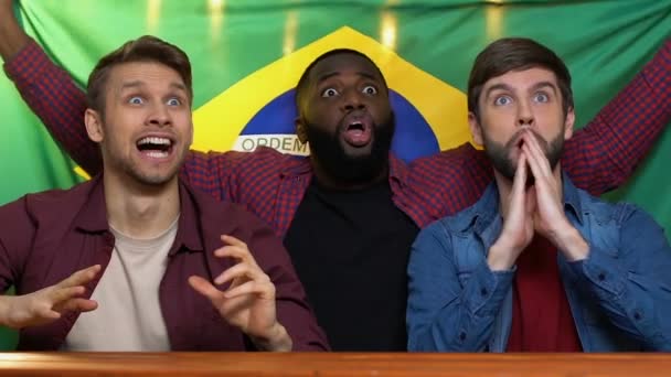 Brezilya bayrağı ile spor severler milli takımı destekliyor, maç galibiyeti için mutlu — Stok video