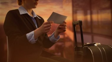 Hostes bilet tutuyor, havaalanında uçuş bekliyor, gün batımı arka plan