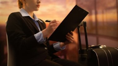 Havaalanında uçuş beklerken mali istatistikleri kontrol İş kadını