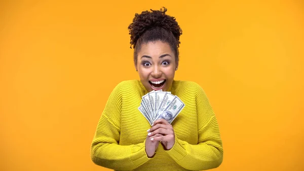 Excited Afro American Woman Holding Bunch Dollars Lottery Winner Fortune — Stock Photo, Image