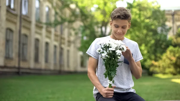 Excited Teen Boy Bouquet Flowers Waiting Girlfriend Anticipation — Stock Fotó