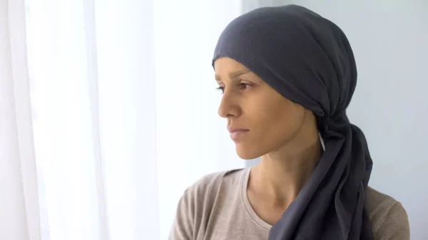 Upset Woman Headscarf Looking Window Rehabilitation Centre Fatal Disease — Stock Photo, Image