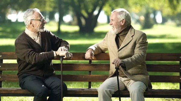 Amigos Varones Ancianos Con Bastones Descansando Banco Parque Hablando — Foto de Stock