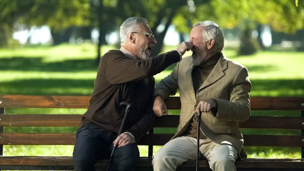 老年男性与朋友开玩笑 老人在夏季公园玩耍 — 图库照片