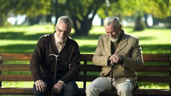 Volwassen Mannen Met Wandelstokken Zittend Bench Park Lachend Praten Het — Stockfoto