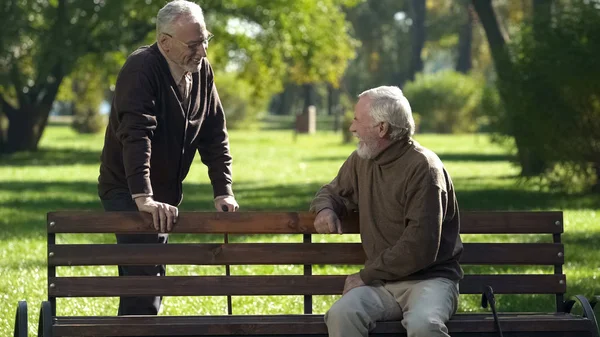 Des Amis Âgés Rencontrent Dans Parc Communiquent Loisirs Des Retraités — Photo