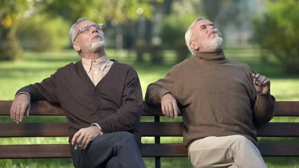 Aged Man Enjoying Bitter Taste Expensive Cigars Resting Park Retirement — Stock Photo, Image