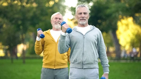 Active Retired Friends Lifting Dumbbells Fitness Training Park Healthy Aging — Stock Photo, Image
