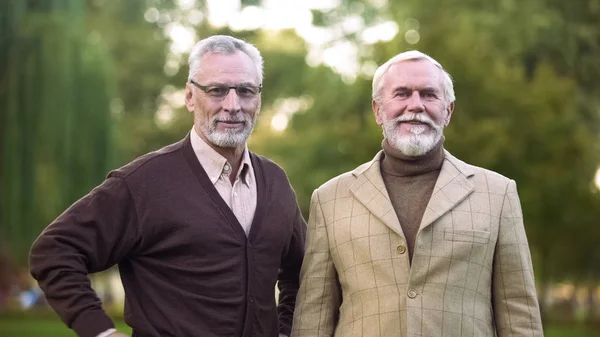 Elegant Old Men Looking Camera Smiling Happy Retirement Success Wealth — Stock Photo, Image