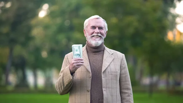 Happy Old Man Holding Dollar Bills Hand Retirement Savings Pension — Stock Photo, Image