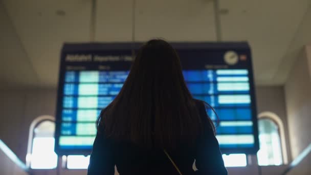 Signora in cerca di orari sulla stazione ferroviaria, pianificazione viaggio, in attesa di treno — Video Stock