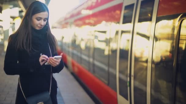 Atractiva dama de pie cerca del tren y escribiendo en el teléfono inteligente, boletos en línea — Vídeos de Stock