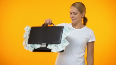 Beyaz kadın dolar dolu evrak çantası gösteren, borsa yatırım