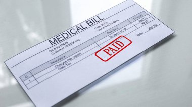 Medical bill paid, seal stamped on document, payment for services, tariff clipart