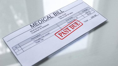 Medical bill past due, seal stamped on document, payment for services, insurance clipart
