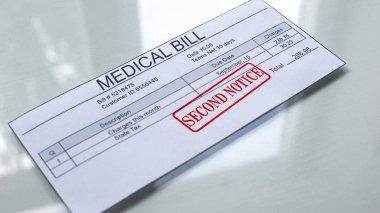Medical bill second notice, seal stamped on document, payment for services clipart