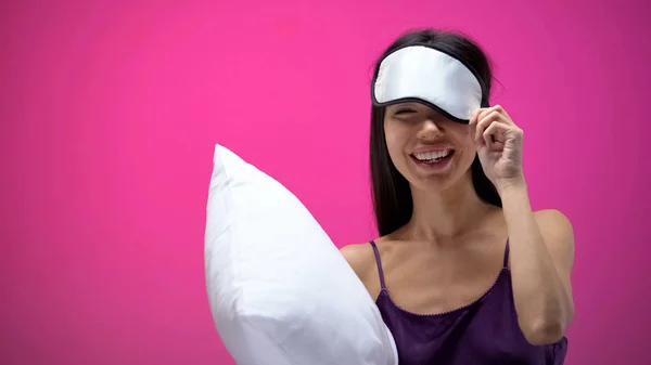 Smiling Asian Woman Putting Blindfold Sleeping Holding Pillow Resting — Stock Photo, Image