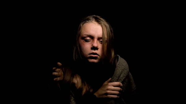 Depressed Abused Woman Sitting Dark Miserable Victim Domestic Violence — Stock Photo, Image