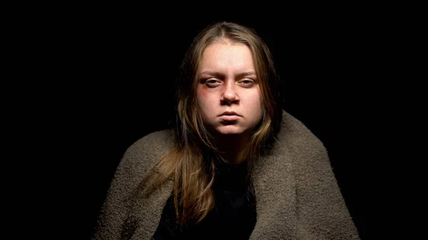 Domestic Violence Victim Looking Camera Tired Tortures Sexual Abuse — Stock Photo, Image