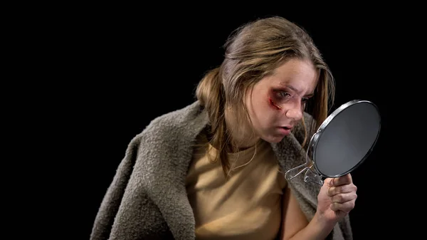 Terrified Wounded Female Victim Looking Mirror Domestic Violence Depression — Stock Photo, Image