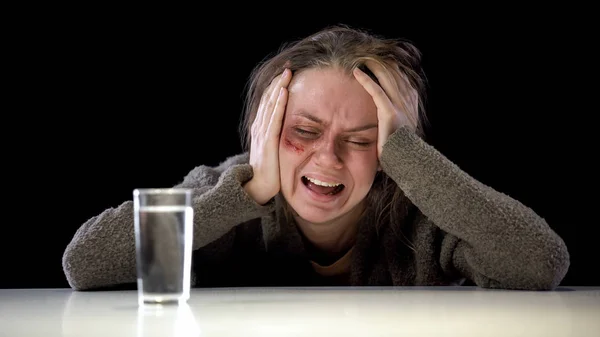 Desperate Crying Lady Sitting Table Nervous Breakdown Emotional Pressure — Stock Photo, Image