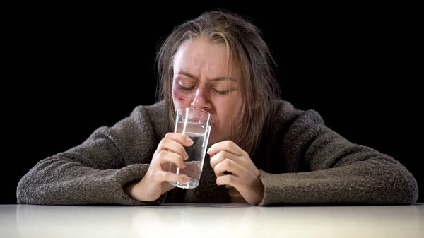 Domestic Violence Victim Drinking Water Glass Female Hostage Kidnapping — Stock Photo, Image