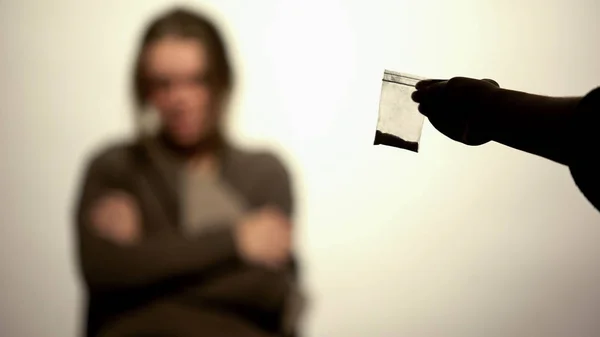 Hand Showing Packet Powder Harmful Health Effect Addiction Power — Stock Photo, Image