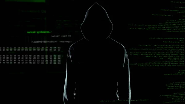 男黑客剪影在帽衫站在动画计算机前面的代码 — 图库照片