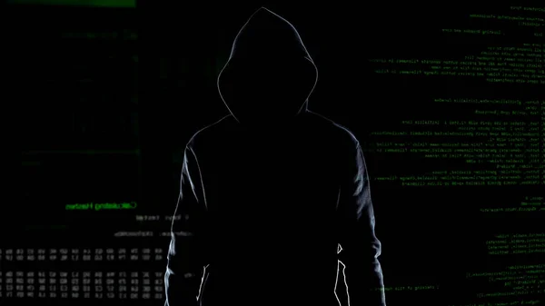 无畏的男性黑客站在动画计算机代码背景的剪影 — 图库照片