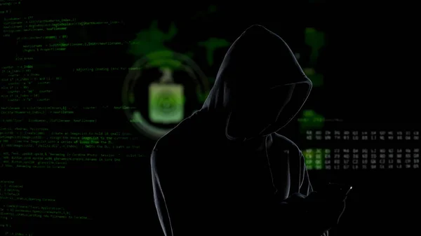 Gesichtslose Bis Zur Unkenntlichkeit Vermummte Hacker Die Mit Dem Smartphone — Stockfoto