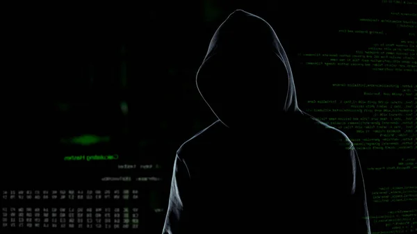 Homem Sem Rosto Hacker Com Capuz Frente Código Computador Animado — Fotografia de Stock