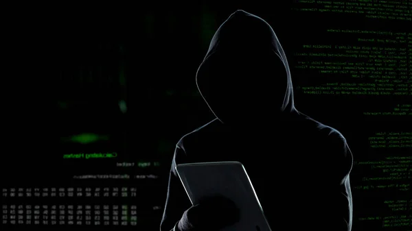 Cyber Angriff Mit Bis Zur Unkenntlichkeit Vermummten Hackern Mittels Tablet — Stockfoto