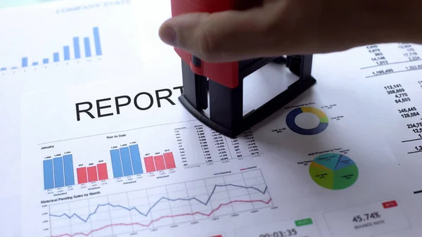 Rapport Arbetare Hand Stämpling Rektangulär Tätning Officiellt Dokument Statistik — Stockfoto