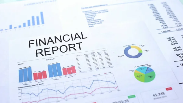 Financial Report Lying Table Graphs Charts Diagrams Official Document — Stock Photo, Image