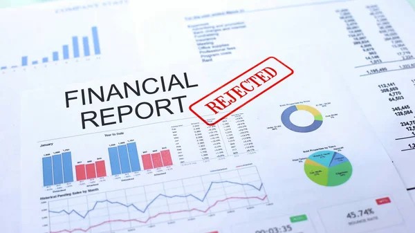 Relazione Finanziaria Respinta Sigillo Timbrato Sul Documento Ufficiale Progetto Aziendale — Foto Stock