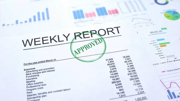 Veckorapport Godkänd Hand Stämpling Sigill Officiella Dokument Statistik — Stockfoto