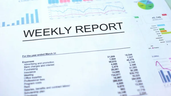 Veckovis Rapport Liggande Bordet Diagram Diagram Och Diagram Officiella Dokument — Stockfoto