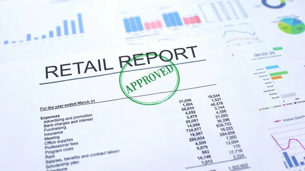 Detaljhandeln Rapport Godkänd Hand Stämpling Sigill Officiella Dokument Statistik — Stockfoto